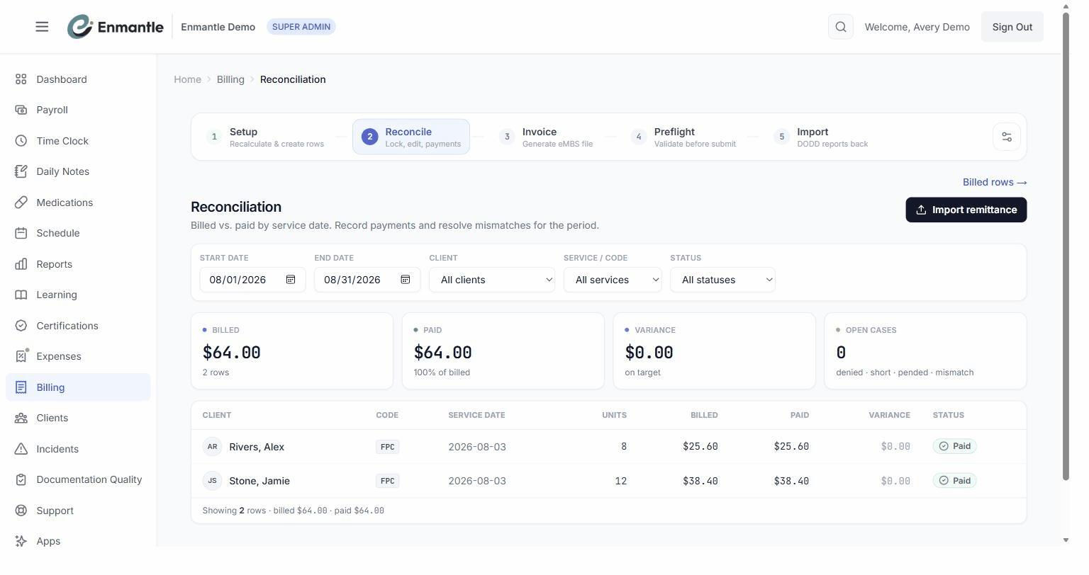 The billing workflow, step by step: Setup, Reconcile, Invoice (eMBS file), Preflight, and Import.