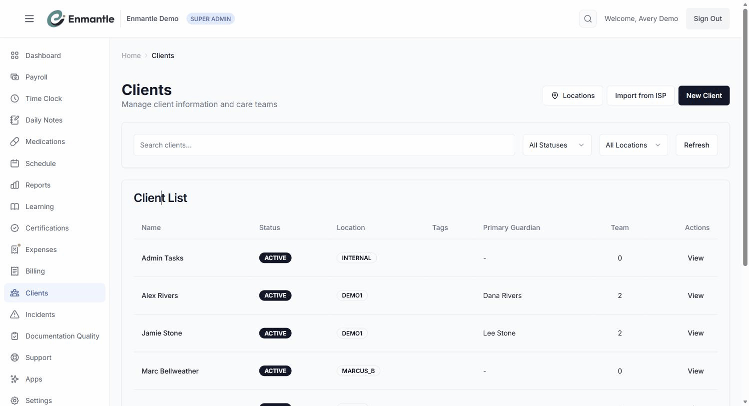 The Clients screen — start an import with the Import Client from ISP button.