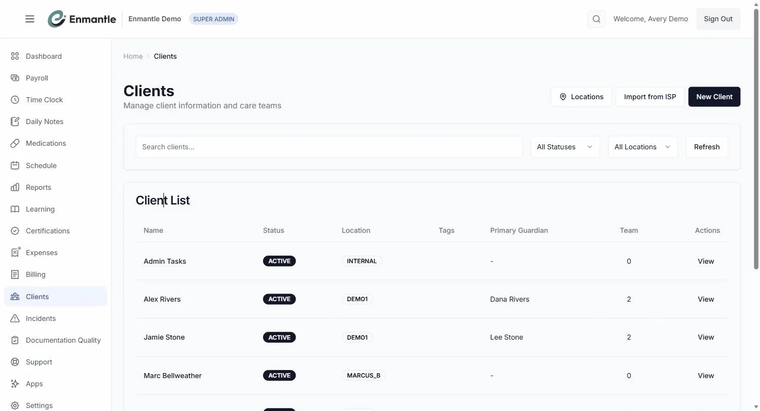 The Clients screen — start an import with the Import Client from ISP button.