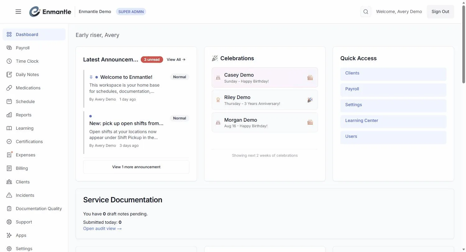 The Enmantle dashboard — announcements, quick access, and today's documentation at a glance.