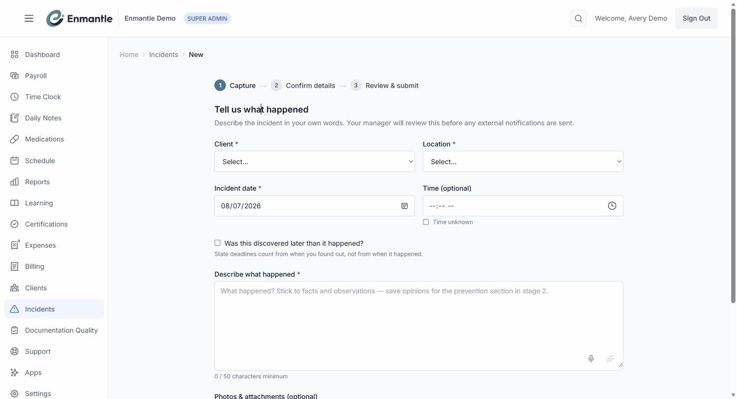 The 3-step incident wizard: Capture, Confirm details, Review & submit.