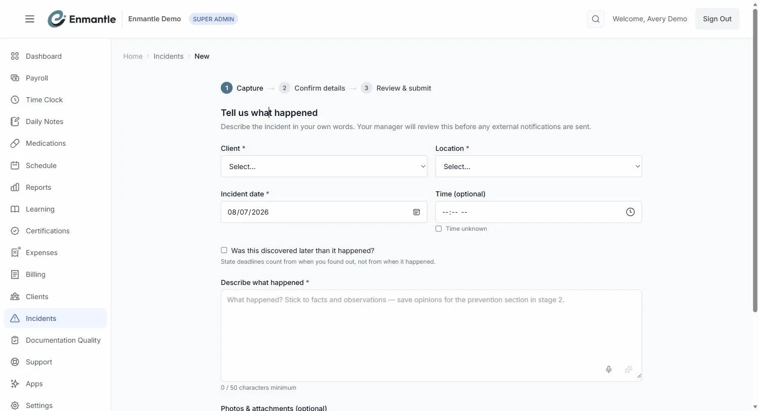 The 3-step incident wizard: Capture, Confirm details, Review & submit.