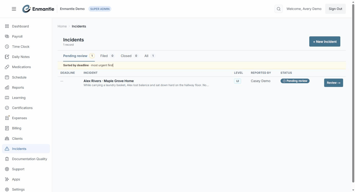 The incident review queue, sorted by deadline — most urgent first.