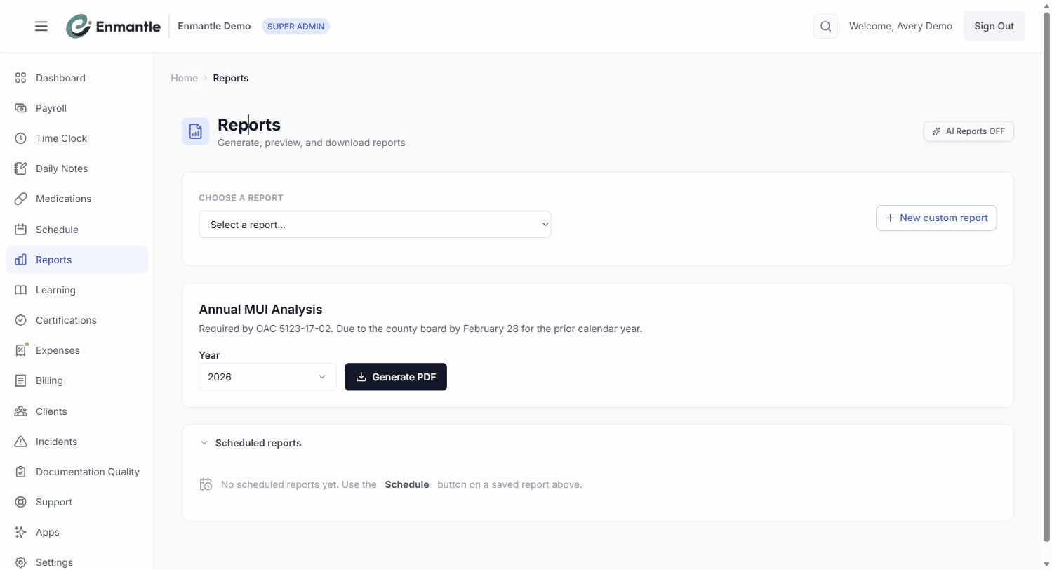 The Reports screen: built-in reports, a custom report builder, and scheduling.