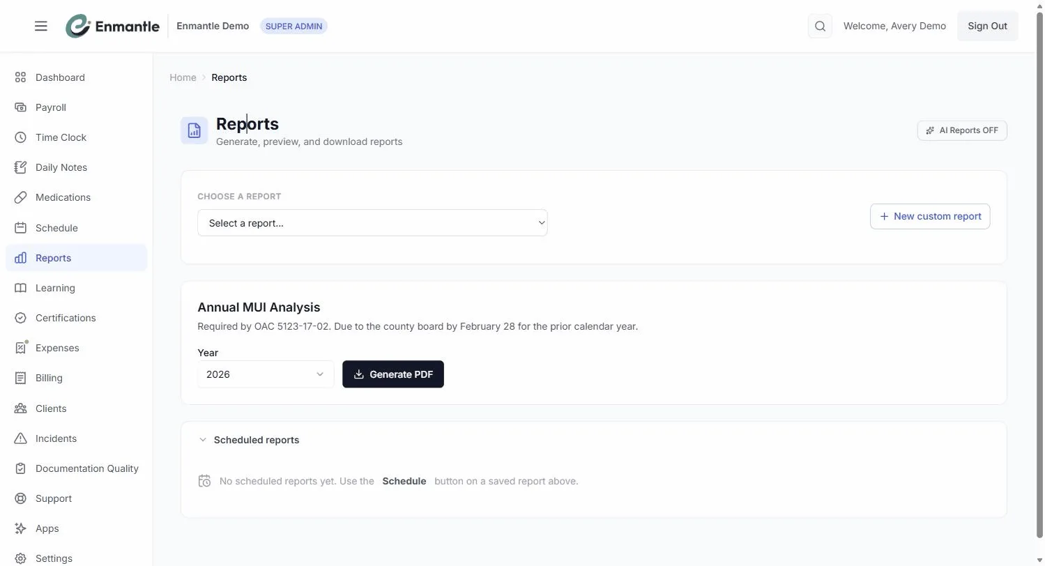The Reports hub: your reports, the builder entry point, and the catalog.