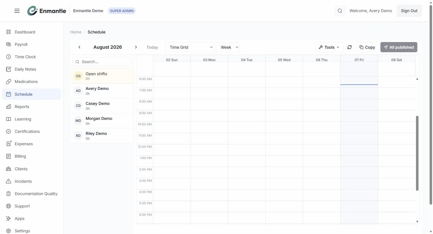 The weekly Time Grid the scheduler builds from staff availability.