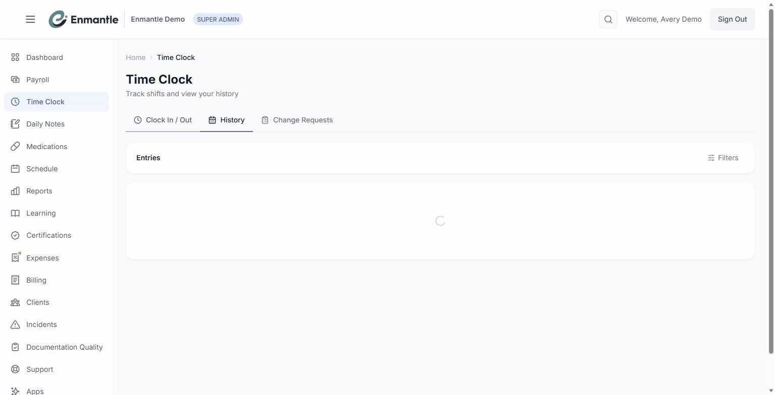 The Time Clock's three tabs — Clock In/Out, History, and Change Requests.