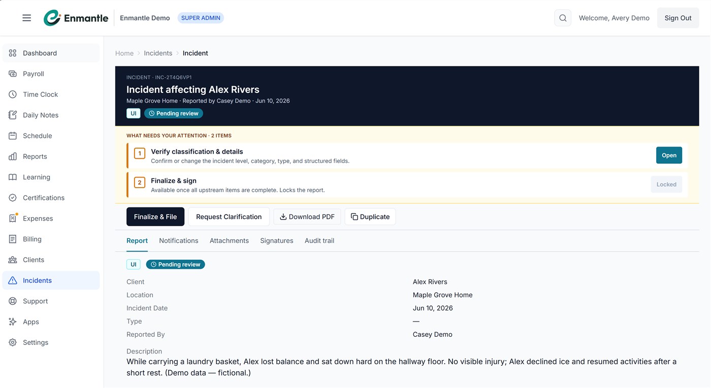 Enmantle incident review: a UI incident pending review with a what-needs-your-attention checklist, Finalize and File button, and tabs for report, notifications, attachments, signatures, and audit trail