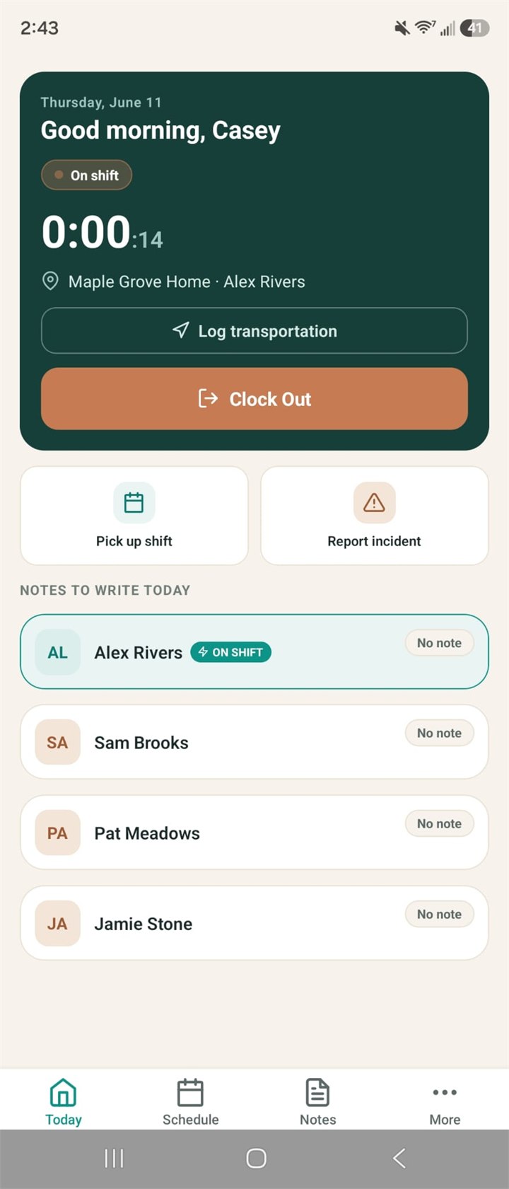 Enmantle mobile Today screen: on-shift card with running timer, GPS-tagged location, Clock Out button, and the day's notes to write