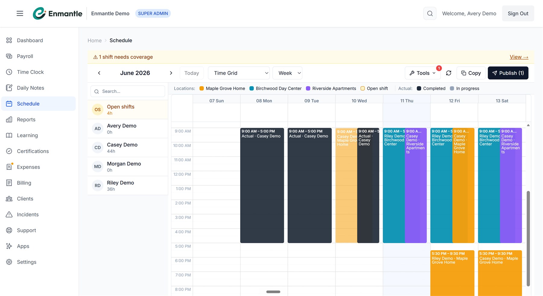 Enmantle schedule in week view: color-coded shifts across three locations, a one-shift-needs-coverage banner, staff hours sidebar, and a Publish button